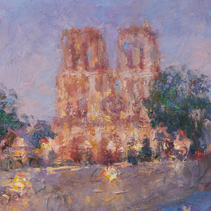 Oksana-Johnson-original-oil-painting-Twilight-in-Paris-9x12-inches-Notre-Dame-Cathedral-evening-detail
