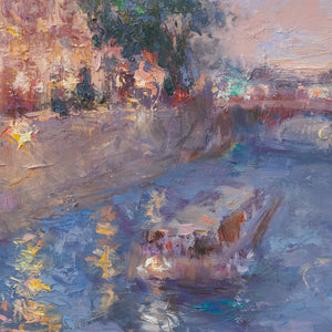 Oksana-Johnson-original-oil-painting-Twilight-in-Paris-9x12-inches-Notre-Dame-Seine-River-boat-detail