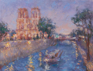 Oksana-Johnson-original-oil-painting-Twilight-in-Paris-9x12-inches-Notre-Dame-Seine-River-boat