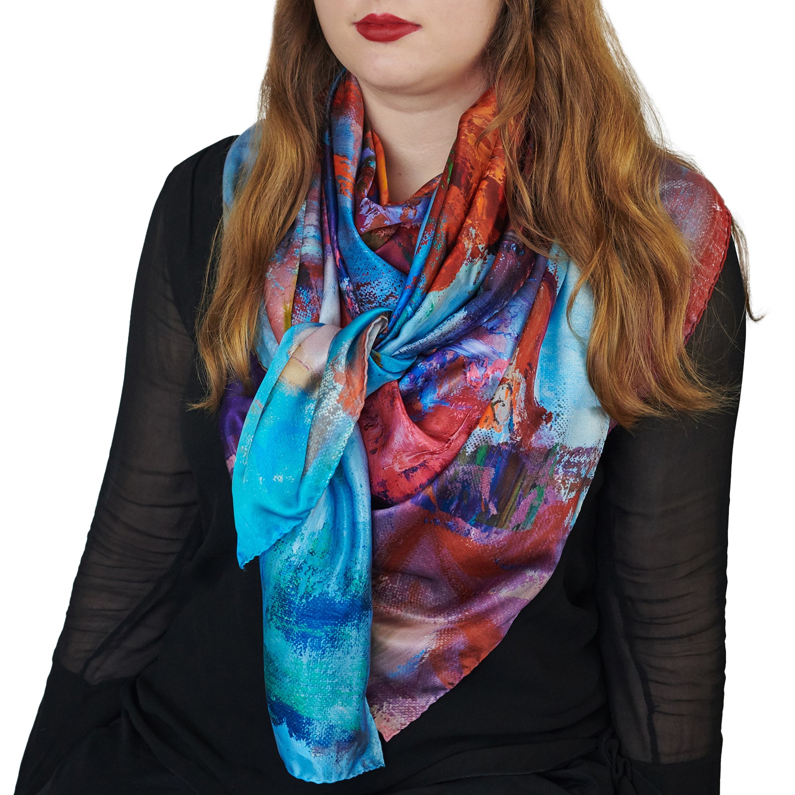 Oksana_OrangeBouquet_ItalianSilkScarf_Orange_135x135cm_OksanaFineArtDesign_3