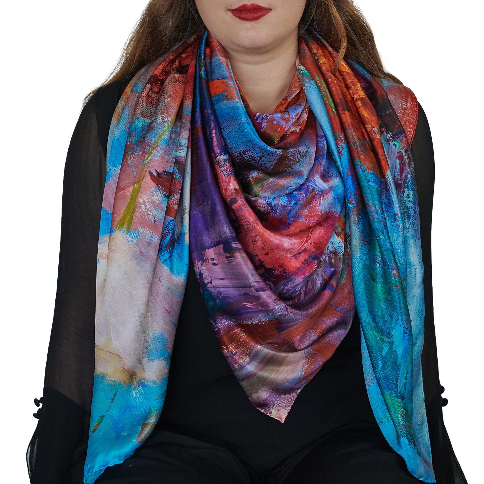 Oksana_OrangeBouquet_ItalianSilkScarf_Orange_135x135cm_OksanaFineArtDesign_5