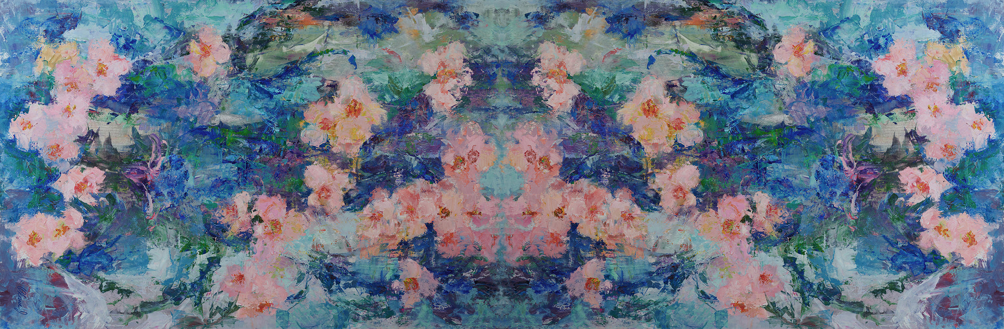 Flat view of long cashmere-silk scarf with floral design by Oksana Fine Art and Design, based on an impressionist painting of pink orchids with a light green and blue background.  210x70 cm, 82x27 inches