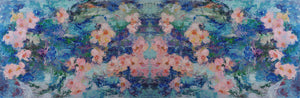Flat view of long cashmere-silk scarf with floral design by Oksana Fine Art and Design, based on an impressionist painting of pink orchids with a light green and blue background.  210x70 cm, 82x27 inches
