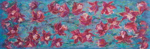 Flat view of long cashmere-silk scarf with floral design by Oksana Fine Art and Design, based on an impressionist painting of red orchids with a green and turquoise background. 210x70 cm, 82x27 inches