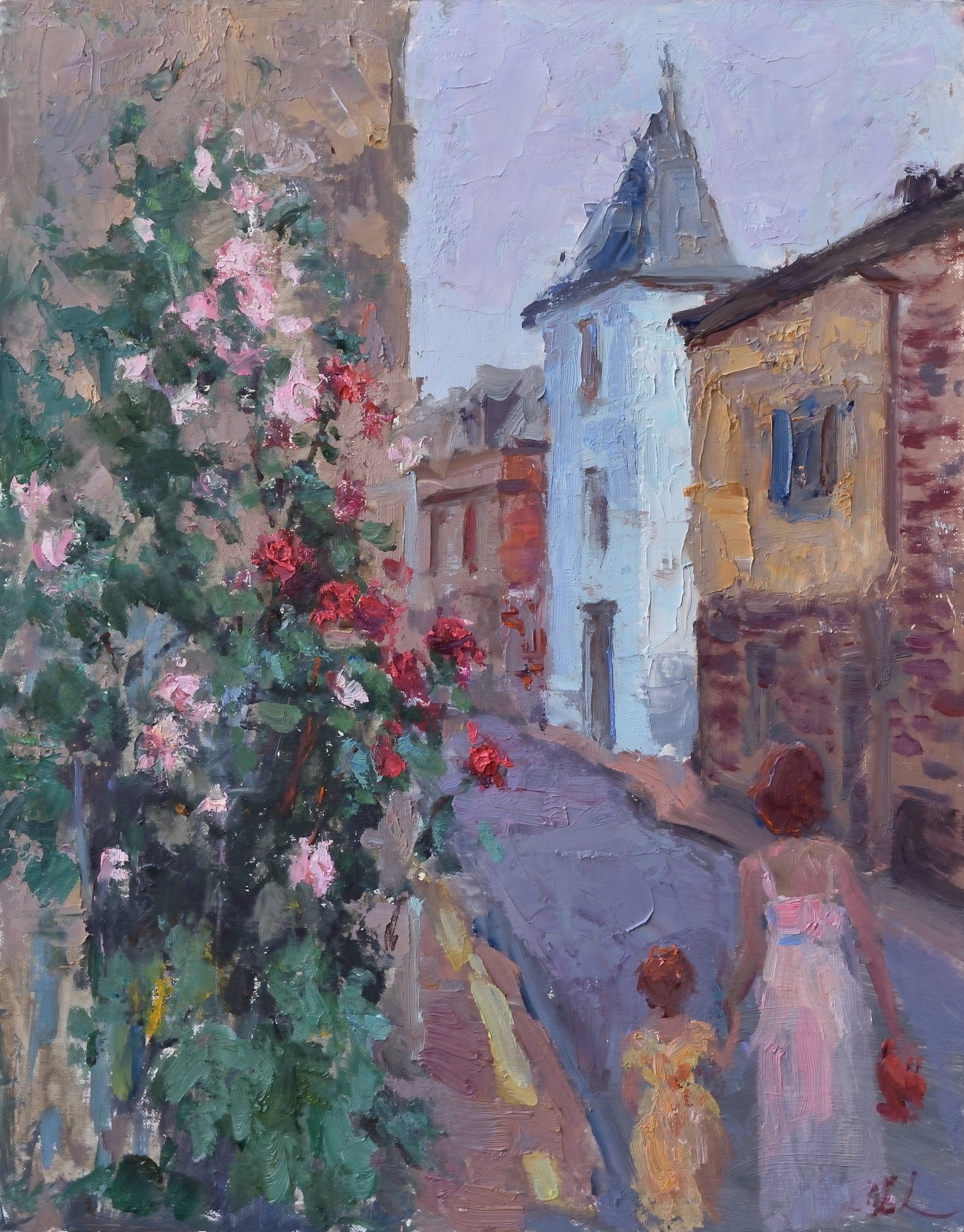 Oksana-Johnson-oil-painting-14x11-inches-Normandy-France-woman-child-walking-old-town-flowers