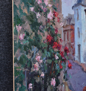 Oksana-Johnson-oil-painting-14x11-inches-Normandy-France-old-town-flowers-edge-detail